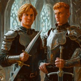 Paint a portrait of James Hewitt and Prince Harry in an old-world medieval castle setting, each one wearing elaborately designed armor and heroically poised with swords at the ready.. Image 4 of 4