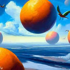 Paint a surreal landscape filled with giant oranges floating in an endless blue sky, with flying birds and clouds around them.