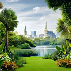 Create an idyllic scene of Orlando, Florida with lush greenery and iconic landmarks in the background.