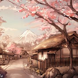Draw an idyllic scene of a traditional Japanese village with cherry blossoms and a mountain in the background.. Image 2 of 4