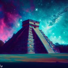 Imagine a surreal, dream-like rendering of Chichen Itza set against a backdrop of a starry night sky.