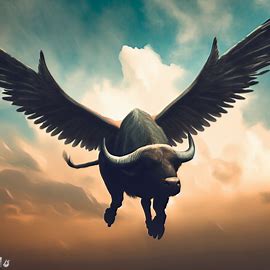 A buffalo soaring through the sky with outstretched wings.. Image 2 of 4