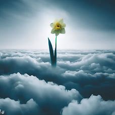 Create an image of a daffodil floating above a sea of clouds.