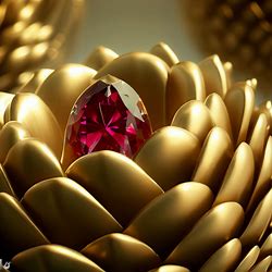 A golden statue of an artichoke with a gleaming ruby in the center
