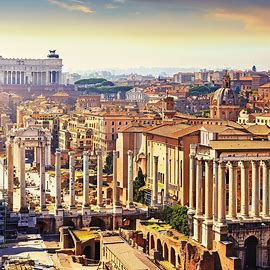 Roman Cityscape: Show a panoramic view of a bustling Roman city filled with towering columns, ornate arches, and grand palaces.. Image 2 of 4