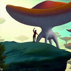 Illustrate a surreal landscape with a deer standing on a giant mushroom.