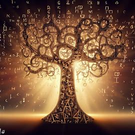 An algebraic tree with intricate branches made up of letter, symbol and numbers that come to life when struck by sunlight.. Image 2 of 4