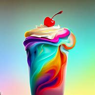 Create an image of a colorful, juicy milkshake with a swirl of whipped cream on top and a cherry perched on top.