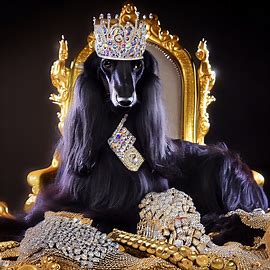 Picture an Afghan Hound that is sitting on a throne of solid gold, surrounded by glittering jewels, and wearing a crown of diamonds and sapphires.. Image 4 of 4