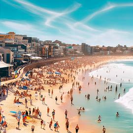 Create an image of a bustling Bondi Beach with surfers, tourists, and locals having a great time on a sunny day.. Image 4 of 4