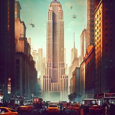 Imagine the Empire State Building as a city in itself, with vehicles and people bustling about on its exterior.