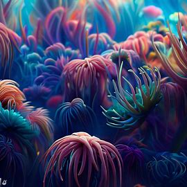 Imagine a forest of colorful sea anemones and their delicate tentacles, floating in a deep blue sea.. Image 3 of 4
