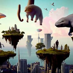 Create a surreal and fantastical vision of Toronto, with floating islands and strange creatures interacting with the cityscape.