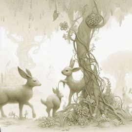 Draw a whimsical scene of animals, such as rabbits and deer, picking grapes from towering vines.。第 4 个图像，共 4 个图像