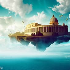 A surreal scene of Rome floating in the sky above a blue ocean, with clouds and birds around it