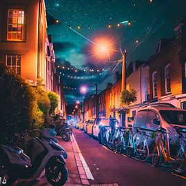 Imagine a community of electric vehicles and bikes along a side street in Dublin, brightly lit against the night sky.. Bild 2 von 4
