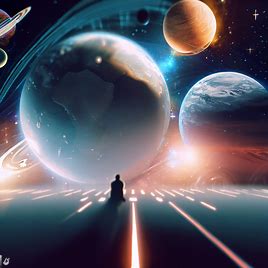 Create a world map from the perspective of a futuristic space traveler, with planets and stars in the background.