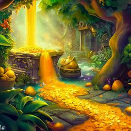 A magical garden with a fountain flowing with mango juice and a hidden treasure of gold mangoes.. Image 2 of 4