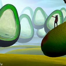 Draw a surreal landscape featuring avocados in unexpected ways.