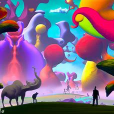 Create a surrealist landscape depicting a dream-like world filled with vibrant colors and strange creatures.