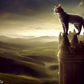 Create an image of a majestic cat standing atop a castle, gazing over a kingdom of rolling hills.. Image 2 of 4