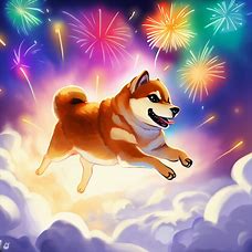 Draw a Shiba Inu jumping through the clouds with a vibrant fireworks display in the background.