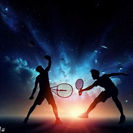 Create an image of two badminton players competing in a game under the stars.. Image 3 of 4