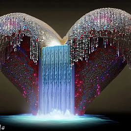 Design an image of a giant heart made of glittering jewelry, with a waterfall cascading down its interior.