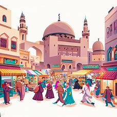 Illustrate a bustling souk in the heart of Qatar's bustling city center