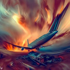 Create a surreal image of a plane crash scene set in an alternate dimension.. Image 2 of 4