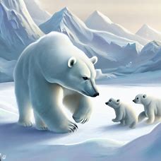 Depict a polar bear and its cubs exploring a snow-covered landscape.