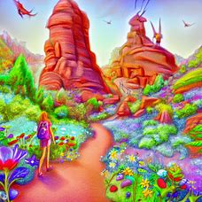 Draw a surreal interpretation of hiking the trails of Sedona, Arizona, with giant rock formations, colorful flowers, and enchanted creatures.