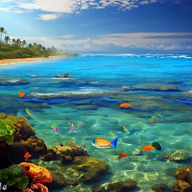 Depict a beautiful seascape of the clear turquoise waters of Maui, filled with diverse tropical fish and coral.”. Image 2 of 4