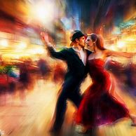 Create an image of a lively Argentinean tango dance, set against the backdrop of a bustling city street.