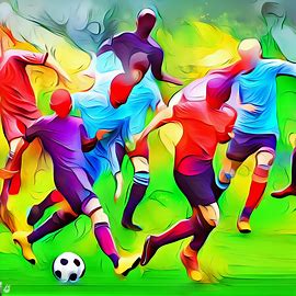 Create an illustration of a group of colorful soccer players in action on a green field.. Image 3 of 4