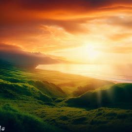 Imagine a stunning, ethereal sunset over the lush green hills and lush beaches of Maui with the sun casting a warm orange and yellow glow onto the landscape.. Image 3 of 4