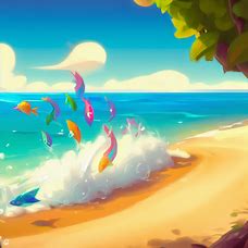 B. "Draw a whimsical, cartoon-style fishing scene on an idyllic, sun-drenched beach with colorful fish jumping out the water