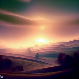 Create a surreal landscape showing the countryside at dawn or sunset.. Image 3 of 4