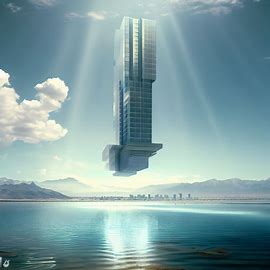 Imagine a majestic skyscraper floating effortlessly above the sparkling waters of a salt lake city. Image 3 of 4