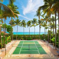 An elaborate badminton court surrounded by tropical palm trees and with a beautiful view of the ocean.