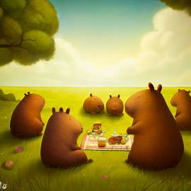 A whimsical scene of a group of capybaras having a picnic in a grassy meadow. Image 2 of 4
