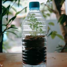 Generate a picture of a water bottle that doubles as a plant pot, growing a small garden inside.