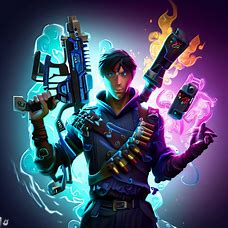 Create a unique and imaginative portrait of a Fortnite character with their iconic weapons and skills.