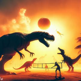 Think of a world where giant, extinct creatures like dinosaurs playing a heated volleyball game. Image 3 of 4
