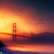 Imagine the Golden Gate Bridge at sunset with a flock of birds flying above it.