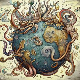 Draw a fantastical earth with multiple Arms, tentacles and oceans filled with mythical creatures like mermaids, dragons and sea-monsters. Image 4 of 4