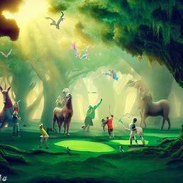 Create an image of multiple golfers playing through a forest filled with mythical creatures like unicorns and dragons.