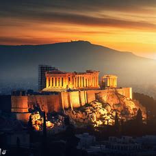 Generate a breathtaking view of the Acropolis at dawn, with the sun just starting to rise over the temple of Athena.
