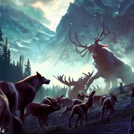 Render an epic battle between a pack of wolves and a herd of majestic elk in the rugged terrain of Banff National Park. Image 4 of 4