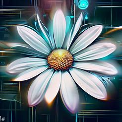 Create a stylized, abstract representation of a daisy flower with futuristic elements.